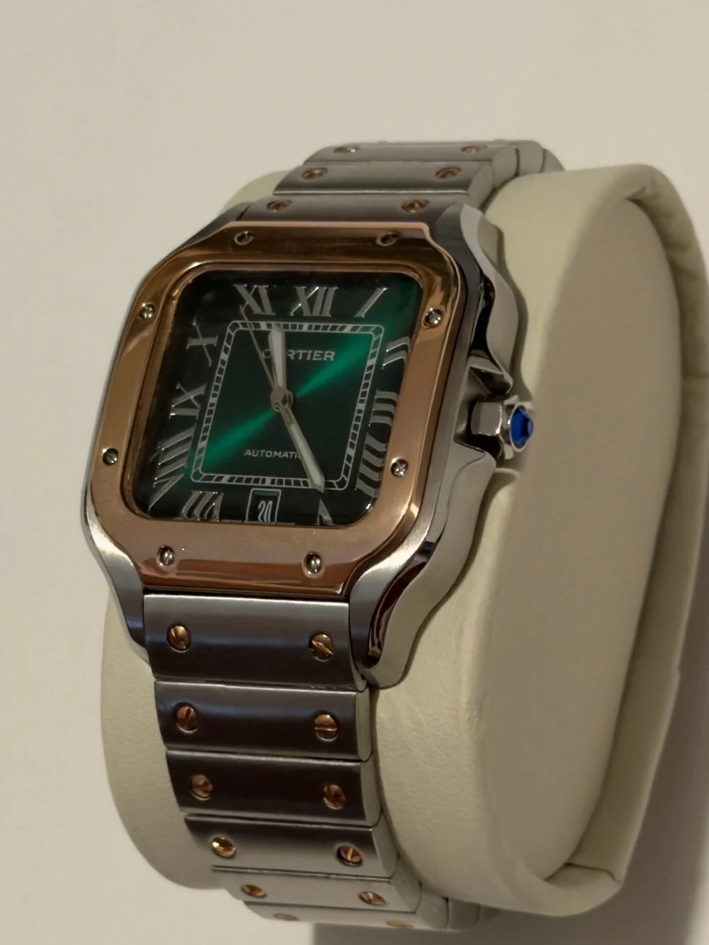 Cartier Santos Two Tone Watch Green Dial.